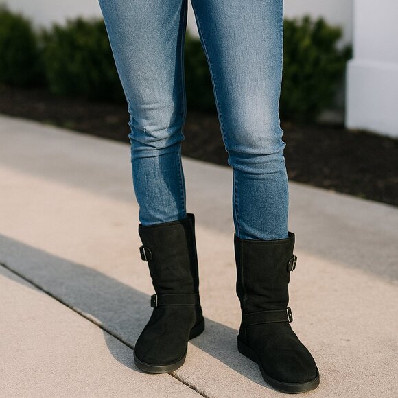 UGG Women’s Sutter Black Suede Tall Buckle Boots – Size 9 (Style #100537) - Picture 1 of 7